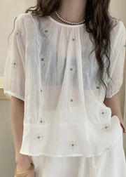 Loose Yellow O Neck Embroidered Cotton Blouses Summer