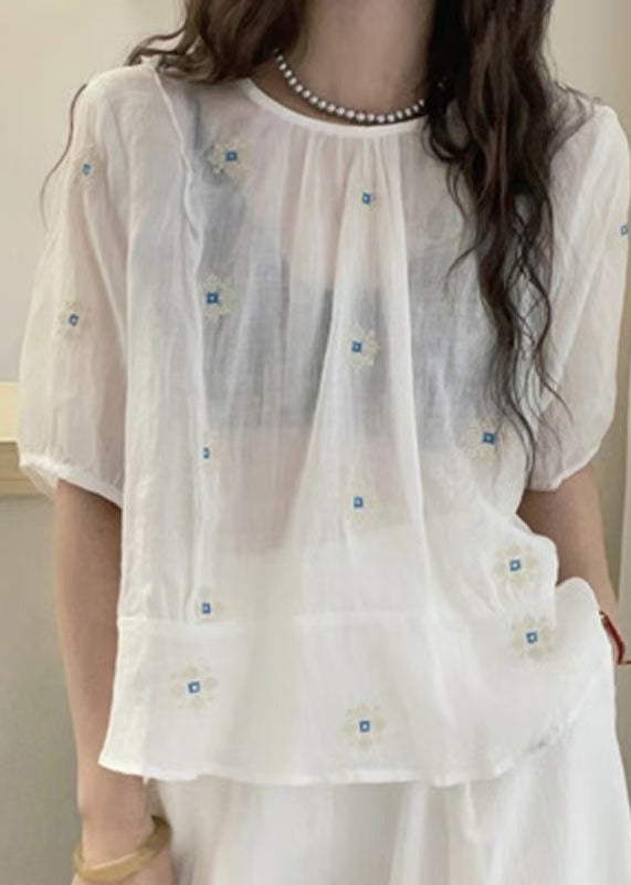 Loose Yellow O Neck Embroidered Cotton Blouses Summer