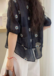 Loose Yellow O Neck Embroidered Cotton Blouses Summer