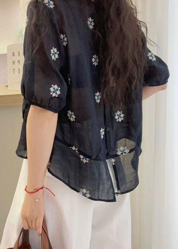 Loose Yellow O Neck Embroidered Cotton Blouses Summer