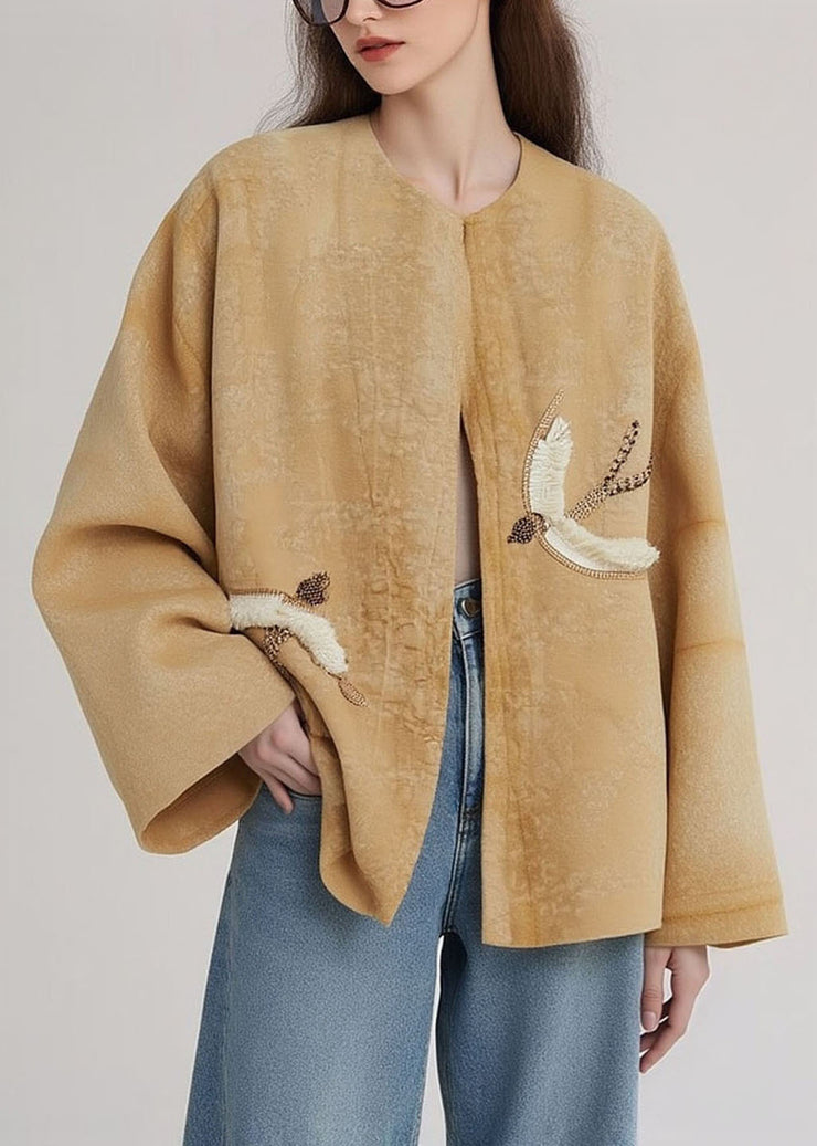 Loose Yellow O Neck Embroidered Cotton Coats Fall