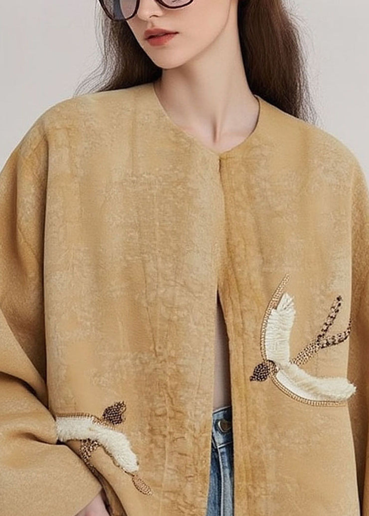 Loose Yellow O Neck Embroidered Cotton Coats Fall