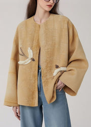 Loose Yellow O Neck Embroidered Cotton Coats Fall
