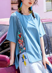 Loose Yellow O Neck Patchwork Cotton T Shirt Summer