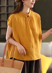 Loose Yellow Peter Pan Collar Button Solid Linen Shirt Summer