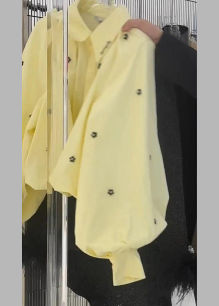 Loose Yellow Peter Pan Collar Floral Cotton Shirt Puff Sleeve