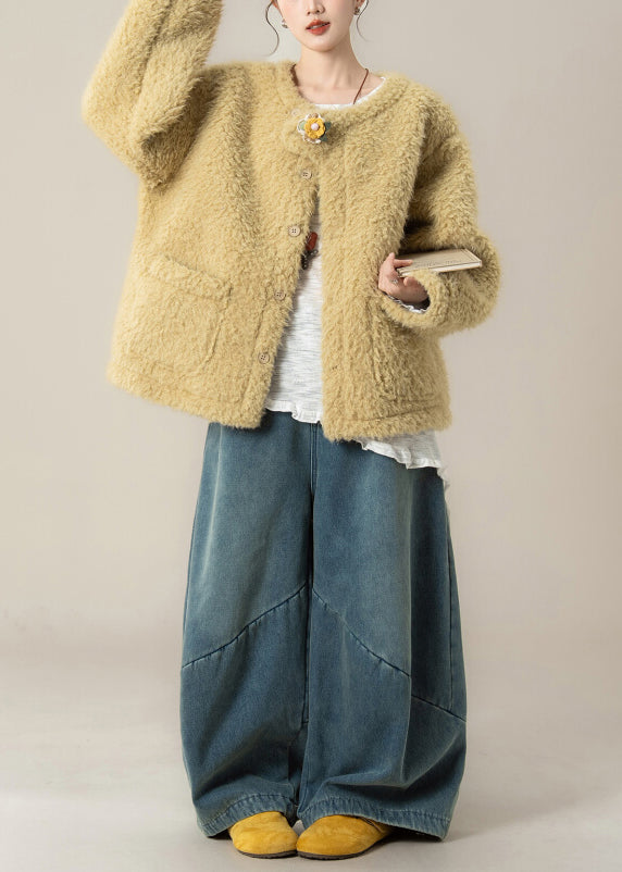 Loose Yellow Pockets Coat And Denim Wide Leg Pants Teddy Faux Fur Two Piece Set Winter