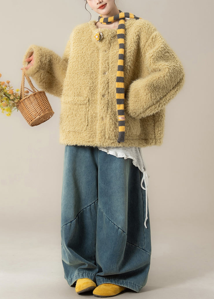 Loose Yellow Pockets Coat And Denim Wide Leg Pants Teddy Faux Fur Two Piece Set Winter