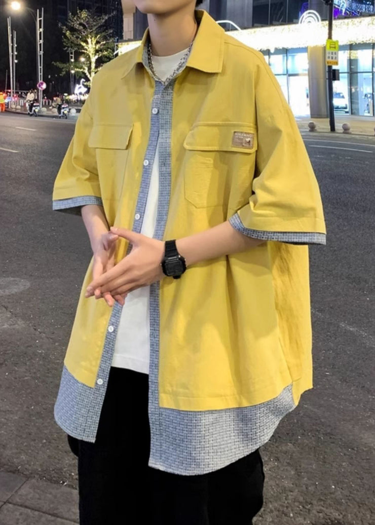 Loose Yellow Pockets Patchwork False Two Pieces Cotton Men Shirts Half Sleeve