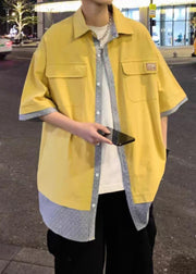 Loose Yellow Pockets Patchwork False Two Pieces Cotton Men Shirts Half Sleeve