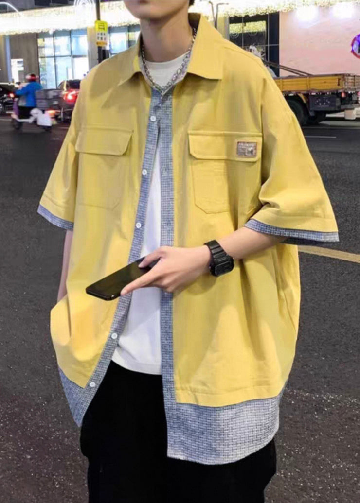 Loose Yellow Pockets Patchwork False Two Pieces Cotton Men Shirts Half Sleeve