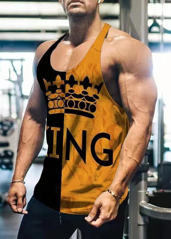 Loose Yellow Print Patchwork Cotton Mens Tank Sleeveless