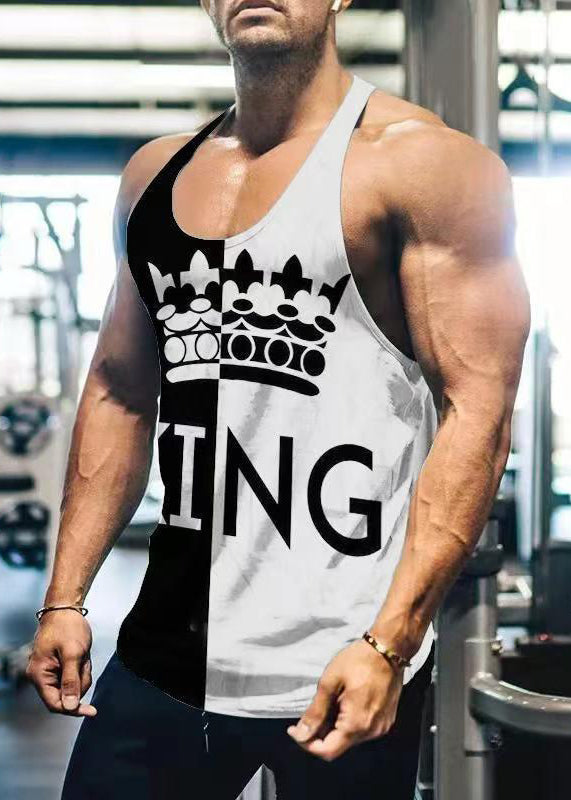 Loose Yellow Print Patchwork Cotton Mens Tank Sleeveless
