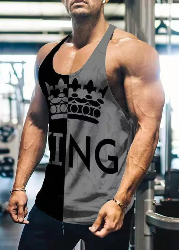 Loose Yellow Print Patchwork Cotton Mens Tank Sleeveless