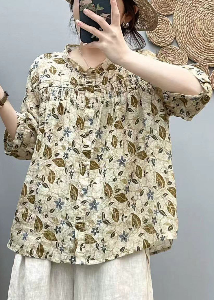 Loose Yellow Print Wrinkled Cotton Shirts Bracelet Sleeve