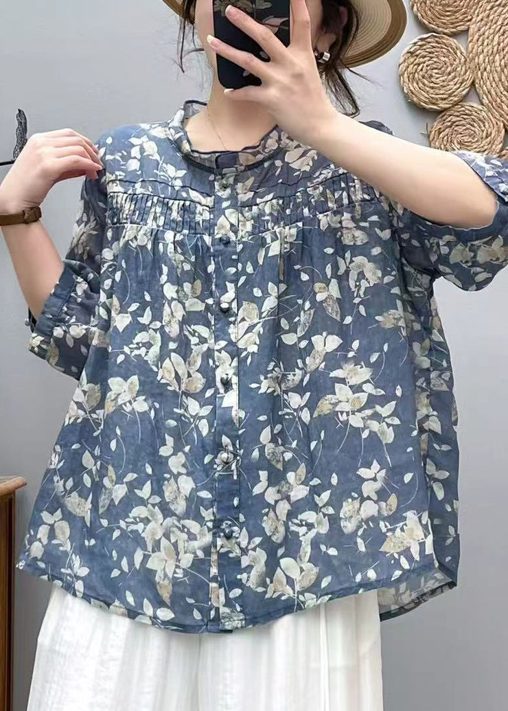 Loose Yellow Print Wrinkled Cotton Shirts Bracelet Sleeve