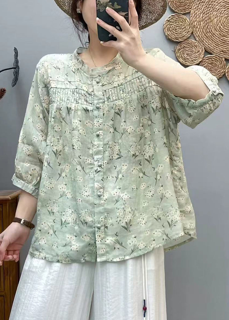 Loose Yellow Print Wrinkled Cotton Shirts Bracelet Sleeve