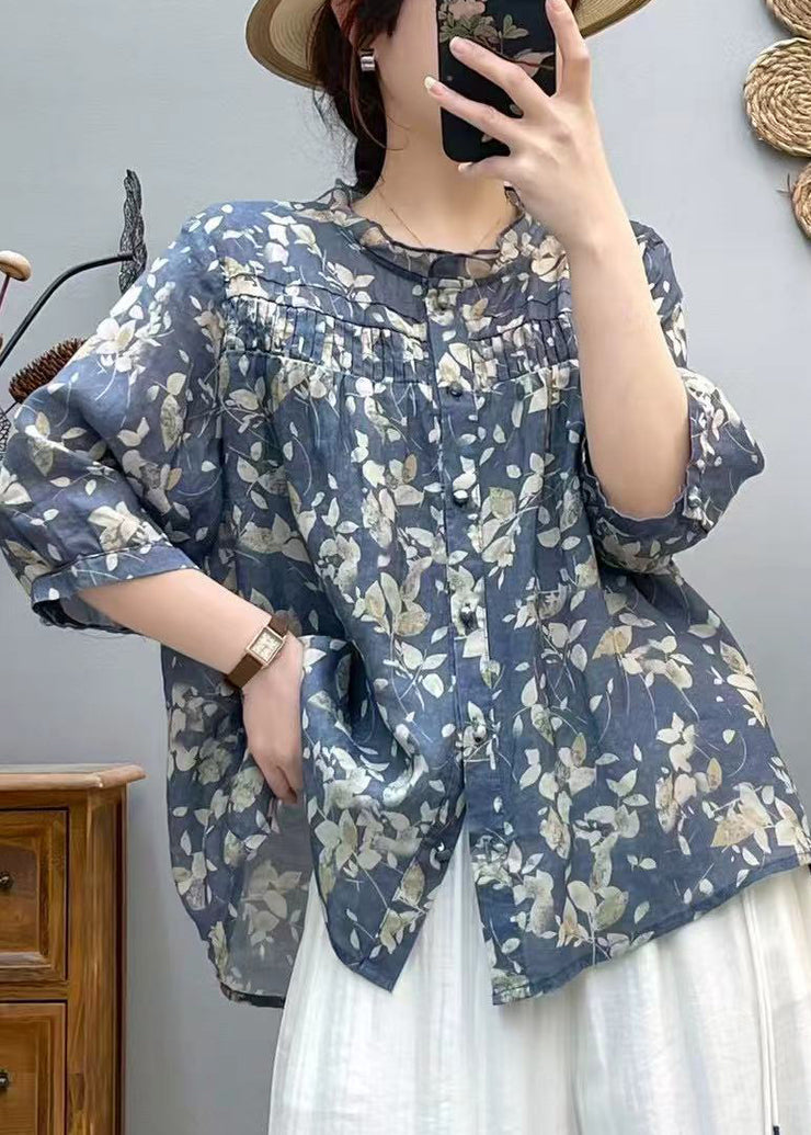 Loose Yellow Print Wrinkled Cotton Shirts Bracelet Sleeve