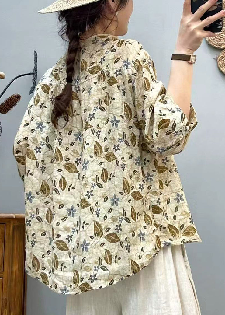 Loose Yellow Print Wrinkled Cotton Shirts Bracelet Sleeve