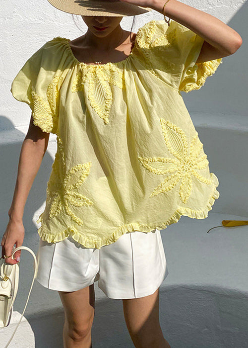 Loose Yellow Ruffled Embroidery Cotton T Shirts Puff Sleeve