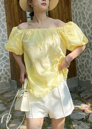 Loose Yellow Ruffled Embroidery Cotton T Shirts Puff Sleeve