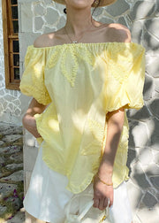 Loose Yellow Ruffled Embroidery Cotton T Shirts Puff Sleeve