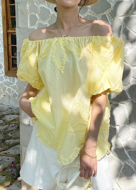 Loose Yellow Ruffled Embroidery Cotton T Shirts Puff Sleeve