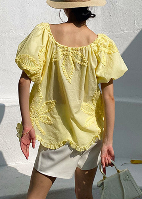 Loose Yellow Ruffled Embroidery Cotton T Shirts Puff Sleeve