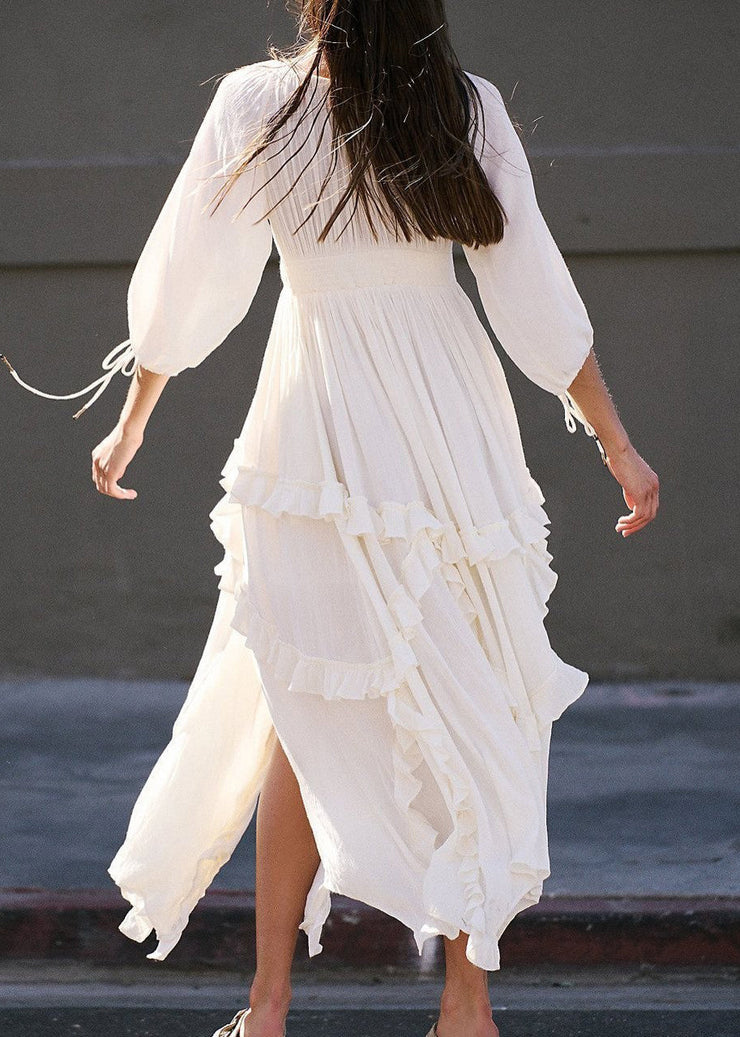 Loose Yellow Ruffled Lace Up Cotton Dresses Bracelet Sleeve