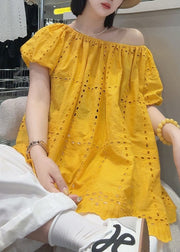 Loose Yellow Slash Neck Hollow Out Cotton Shirt Summer