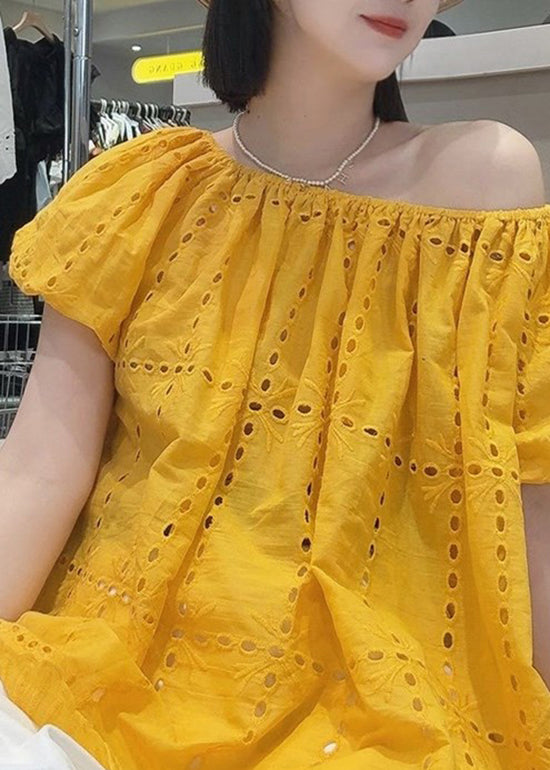 Loose Yellow Slash Neck Hollow Out Cotton Shirt Summer