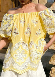 Loose Yellow Slash Neck Hollow Out Cotton Tops Summer