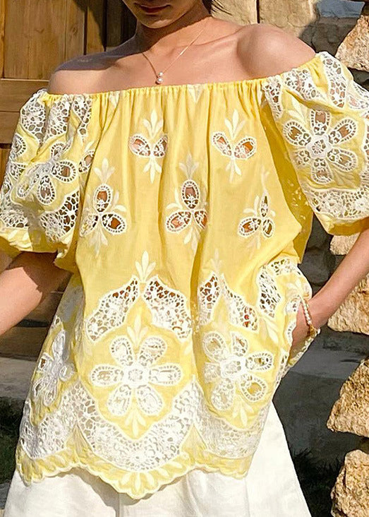 Loose Yellow Slash Neck Hollow Out Cotton Tops Summer