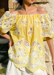 Loose Yellow Slash Neck Hollow Out Cotton Tops Summer