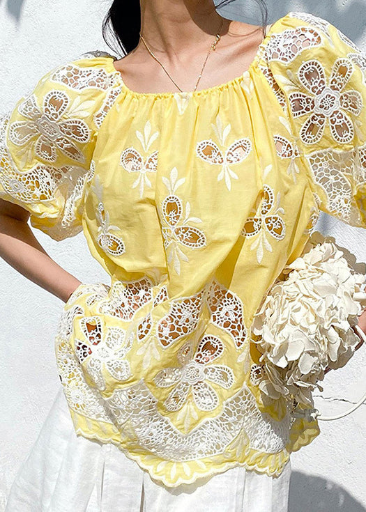 Loose Yellow Slash Neck Hollow Out Cotton Tops Summer