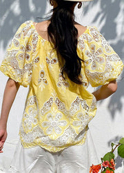 Loose Yellow Slash Neck Hollow Out Cotton Tops Summer