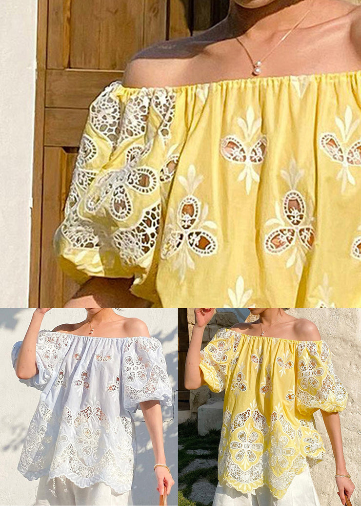 Loose Yellow Slash Neck Hollow Out Cotton Tops Summer