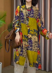 Loose Yellow Stand Collar Print Cotton Shirts Top Long Sleeve