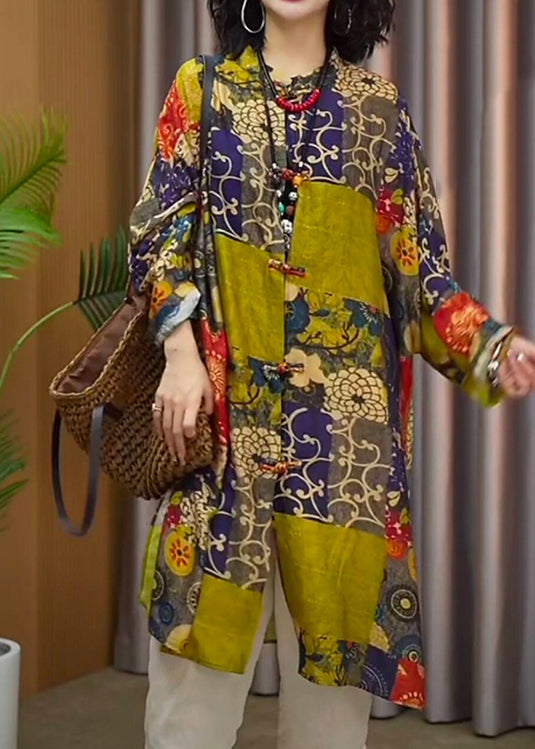 Loose Yellow Stand Collar Print Cotton Shirts Top Long Sleeve
