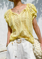 Loose Yellow V Neck Hollow Out Lace Up Cotton Tops Summer