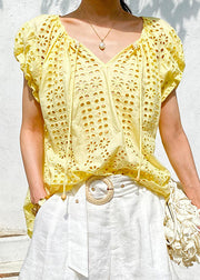 Loose Yellow V Neck Hollow Out Lace Up Cotton Tops Summer