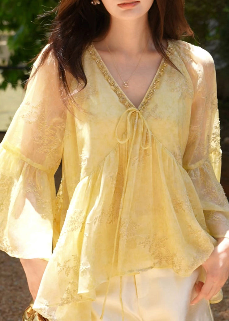 Loose Yellow V Neck Lace Up Cotton Shirt Flare Sleeve