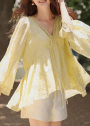 Loose Yellow V Neck Lace Up Cotton Shirt Flare Sleeve