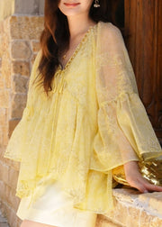 Loose Yellow V Neck Lace Up Cotton Shirt Flare Sleeve