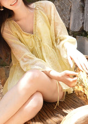 Loose Yellow V Neck Lace Up Cotton Shirt Flare Sleeve