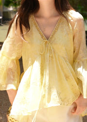 Loose Yellow V Neck Lace Up Cotton Shirt Flare Sleeve