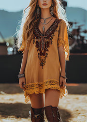 Loose Yellow V Neck Print Lace Patchwork Cotton Mid Dresses Summer