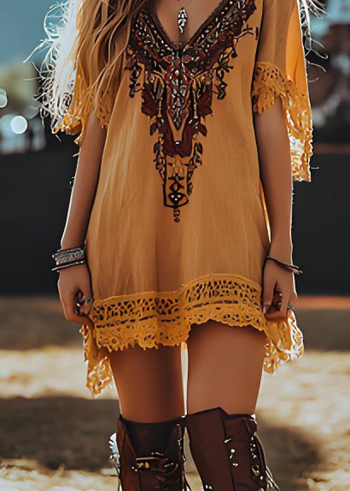 Loose Yellow V Neck Print Lace Patchwork Cotton Mid Dresses Summer