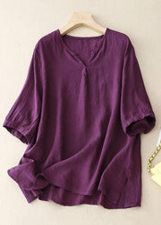 Loose Yellow V Neck Side Open Linen Shirt Half Sleeve