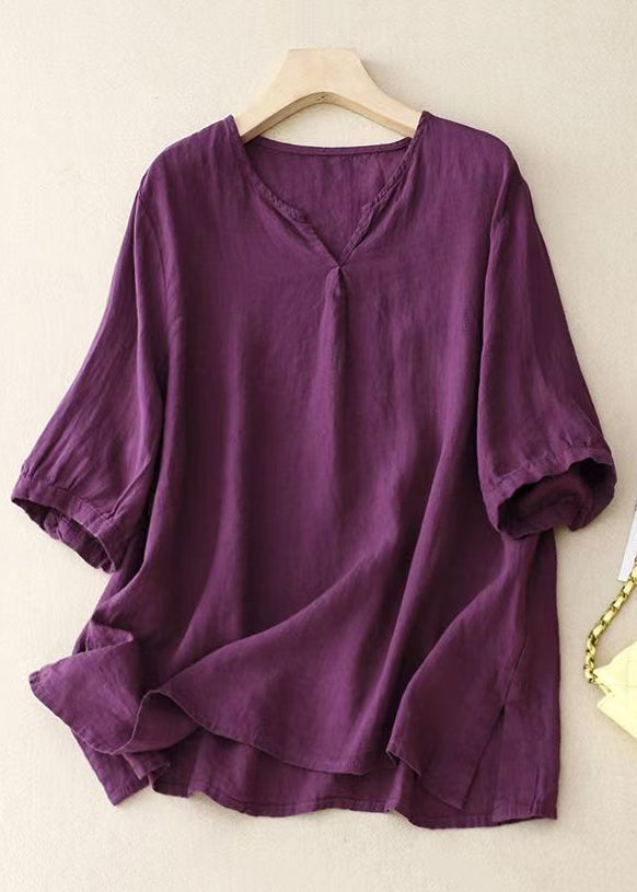 Loose Yellow V Neck Side Open Linen Shirt Half Sleeve